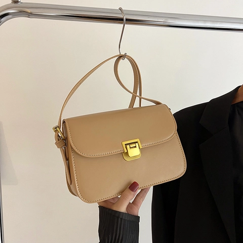 Vintage Women Small Square Crossbody Bag Retro PU Leather Shoulder Bag With Gold Metal Lock Buckle Minimalist Elegant