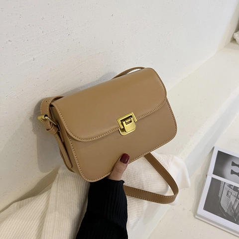 Vintage Women Small Square Crossbody Bag Retro PU Leather Shoulder Bag With Gold Metal Lock Buckle Minimalist Elegant