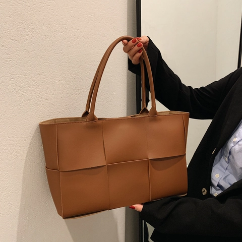 Large Woven Tote Bag PU Leather Handbag Fashion Solid Color Shoulder Bag With Internal Zipper Pocket Casual For Women