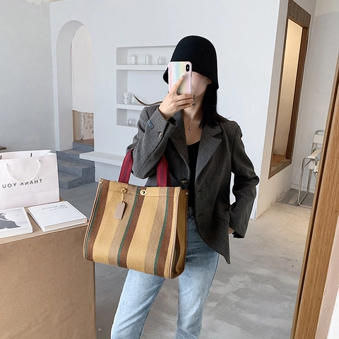 Borsa Tote Da Donna In Tela A Righe Con Motivi Verticali Borsa A Spalla Vintage Con Finiture In Pelle E Chiusura In Metallo