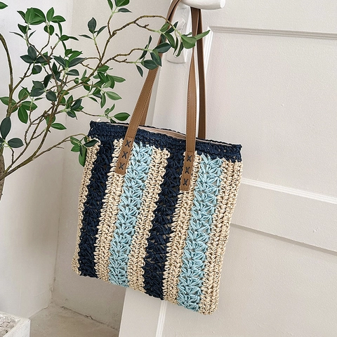 Gewebte Stroh-Tote-Bag Gestreifte Große Kapazität Schultertasche Mit PU-Lederriemen Sommer Strand Urlaub Damen
