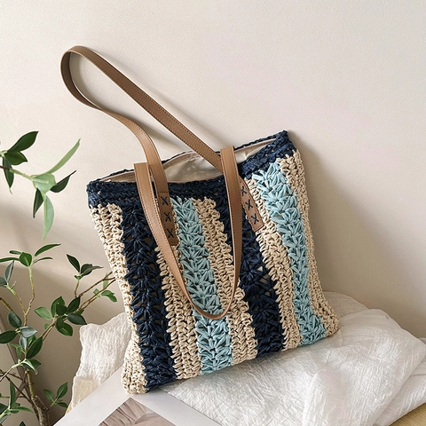 Gewebte Stroh-Tote-Bag Gestreifte Große Kapazität Schultertasche Mit PU-Lederriemen Sommer Strand Urlaub Damen