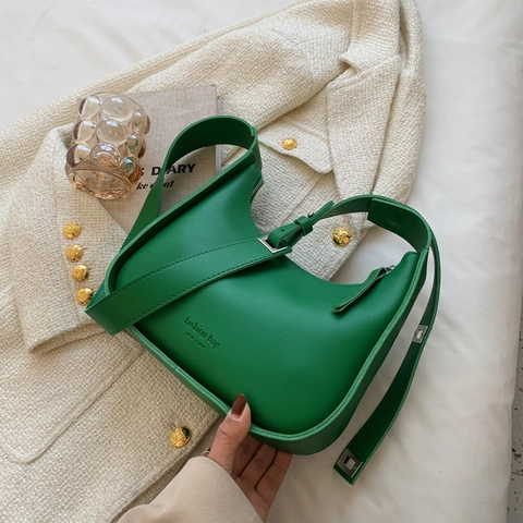 Bolso De Axila Para Mujer De Cuero PU Moda Media Luna Hobo Bolso De Hombro Con Correa Ancha Ajustable Color Sólido