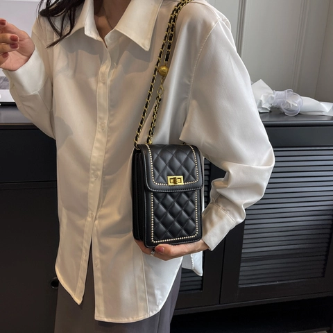 Women Quilted Diamond Pattern PU Leather Crossbody Mobile Phone Bag Gold Chain Strap Adjustable Metal Ball Small Handbag