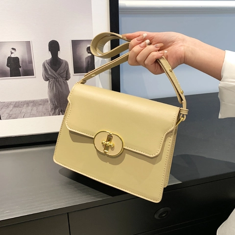 Women PU Leather Shoulder Bag Small Square Crossbody Bag Gold Elliptical Buckle Adjustable Strap Minimalist Commuter