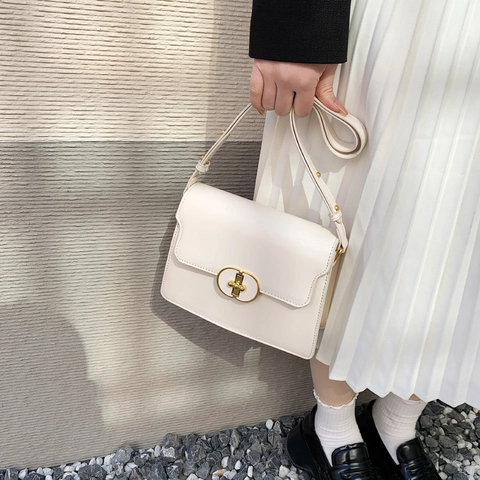 Women PU Leather Shoulder Bag Small Square Crossbody Bag Gold Elliptical Buckle Adjustable Strap Minimalist Commuter