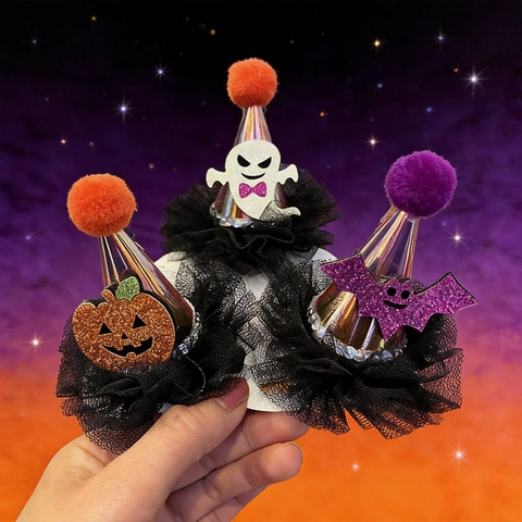 Halloween LED Luminosa Cerchietto Molletta Capelli Zucca Fantasma Pipistrello Cappello Strega Olografico Mesh Bambini Ragazze