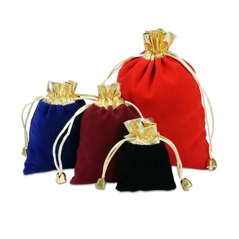 Elegant Velvet Jewelry Pouch With Gold Trim Drawstring Gift Bag For Jewelry Packaging Storage Small Velvet Pouch For Ring Earring Necklace Wedding Favors