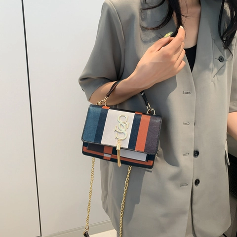 Μόδα Γυναικεία Τσάντα Χιαστί Δέρμα PU Color Block Μοτίβο Πλαίσιο Λουρί Με Αλυσίδα Φούντα Τσάντα Χειρός Μικρή Τετράγωνη Τσάντα