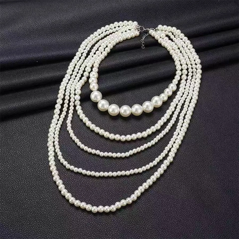 Elegante Collar Gargantilla de Perlas Artificiales de Múltiples Capas Aleación Cadena de Suéter Exagerada Joyería de Moda para Mujer Banquete Regalo