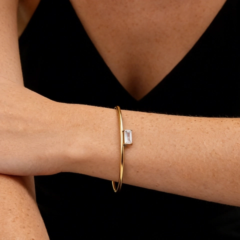 Bracciale Rigido Minimalista In Acciaio Al Titanio Da Donna Con Zircone Rettangolare Elegante Bracciale Rotondo Sottile