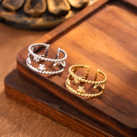 Edelstahl Stern Ring Für Frauen Vergoldet Doppellagig Perlen Hohle Verstellbare Offene Finger Schmuck Minimalistisch