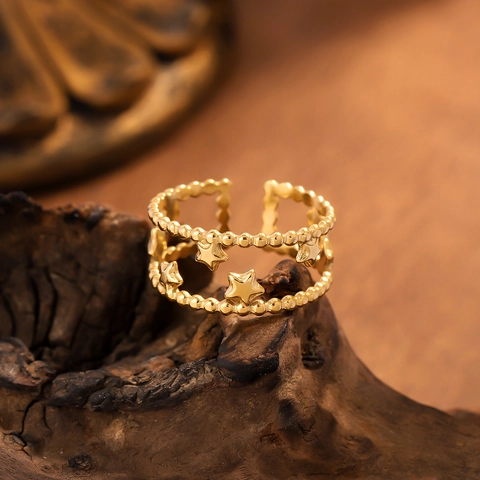 Edelstahl Stern Ring Für Frauen Vergoldet Doppellagig Perlen Hohle Verstellbare Offene Finger Schmuck Minimalistisch
