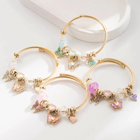 Schmetterling Herz Anhänger Armband Für Damen Elegant Edelstahl Legierung Strass Perlen Armreif Mode Schmuck Geschenk