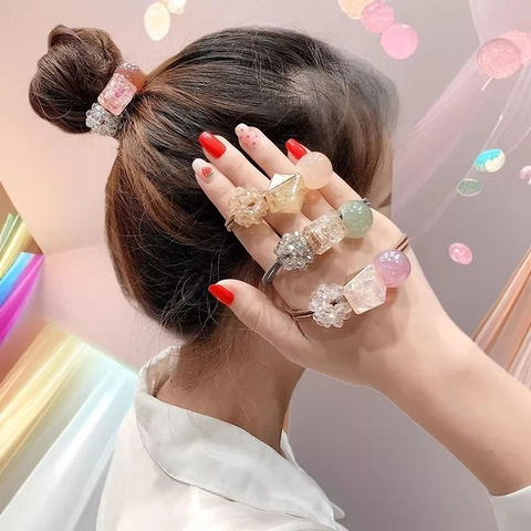 Élastiques À Cheveux Avec Künstliche Perles En Cristal Acrylique Et Charmes Géométriques En Résine Cordes À Cheveux Douces Style Coréen