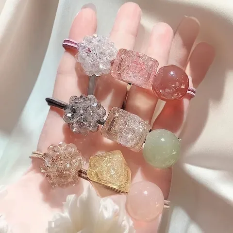 Élastiques À Cheveux Avec Künstliche Perles En Cristal Acrylique Et Charmes Géométriques En Résine Cordes À Cheveux Douces Style Coréen