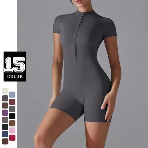 Tuta Da Yoga Donna Manica Corta Cerniera Collo Alto Body Sportivo Tuta Aderente Per Allenamento Nylon Spandex