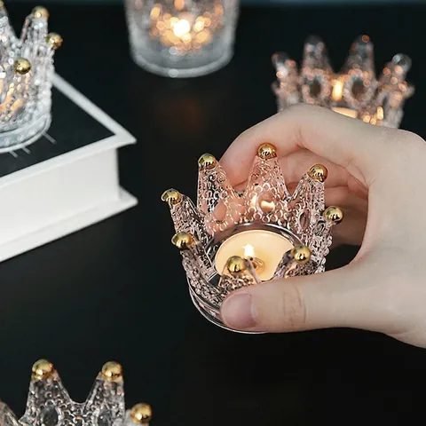 Crown Glass Candle Holder Relief Jewelry Storage Dish Tray Vintage Home Decor Gold Trim Ornament