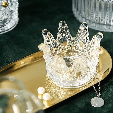 Crown Glass Candle Holder Relief Jewelry Storage Dish Tray Vintage Home Decor Gold Trim Ornament
