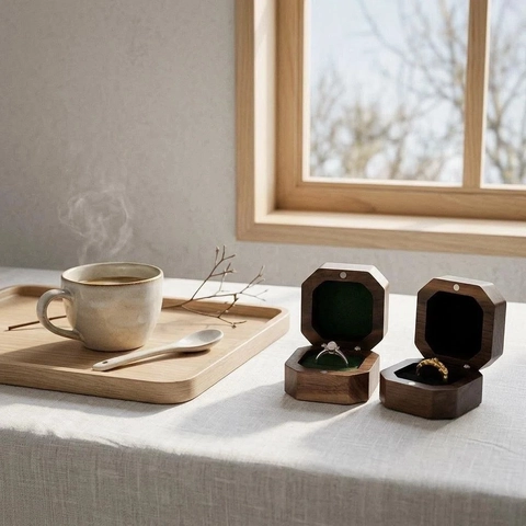 Octagonal Walnut Wood Ring Jewelry Box Velvet Lining Magnetic Closure Retro Portable Wedding Engagement Proposal Box