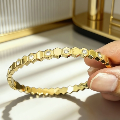 Honeycomb Hexagonal Bangle Stainless Steel Gold Plated Heart Constellation Rhinestone Jewelry For Women