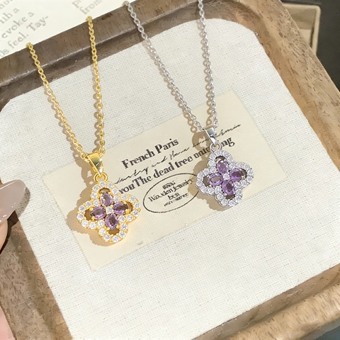 Four-Leaf Clover Pendant Necklace Titanium Steel Copper Purple Zircon Inlaid Clavicle Chain For Women Elegant Lucky
