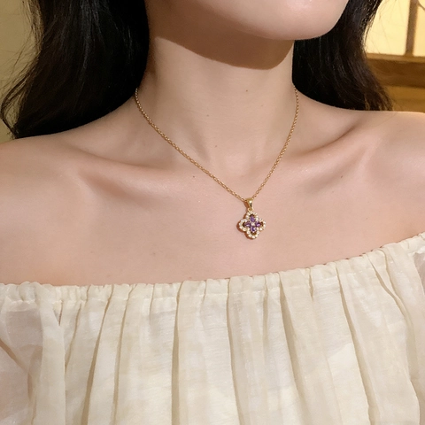 Four-Leaf Clover Pendant Necklace Titanium Steel Copper Purple Zircon Inlaid Clavicle Chain For Women Elegant Lucky