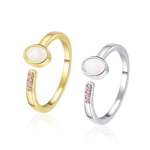 Adjustable Open Ring Copper With Oval Opal And Pink Zircon Retro Fashion Aesthetic Jewelry For Women