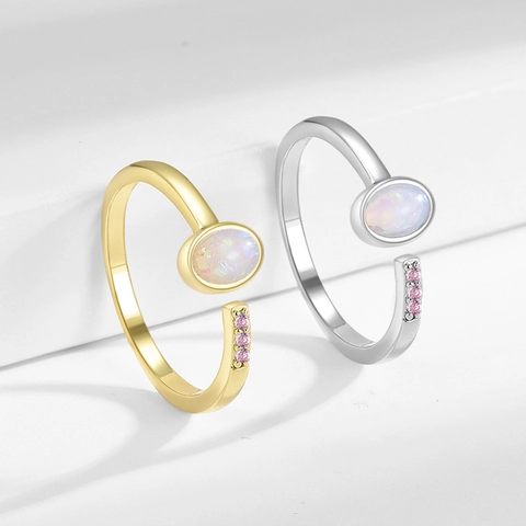 Adjustable Open Ring Copper With Oval Opal And Pink Zircon Retro Fashion Aesthetic Jewelry For Women