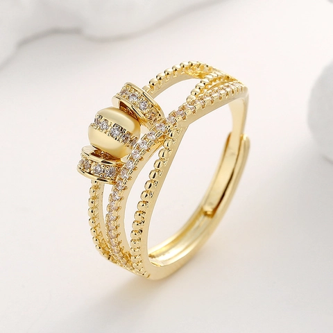 Mehrschichtiger Kreuz Drehbarer Angstring Kupfer Zirkon Verstellbarer Offener Fingerring Für Frauen Modeschmuck