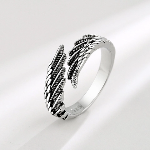 Vintage Angel Wing Feather Adjustable Open Ring For Men And Women Retro Copper Jewelry Gothic Style