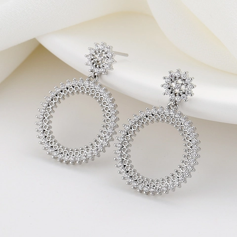 Ronde Cirkel Hangoorbellen Met 925 Sterling Zilveren Oorknopje Koper Plaveisel Zirkoon Bloem Sieraden Voor Vrouwen