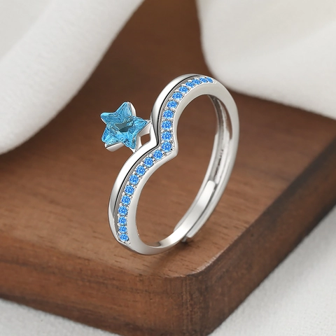 Adjustable Copper Ring With Star Shape Blue Zircon V Shape Band Elegant Fashion Jewelry For Women