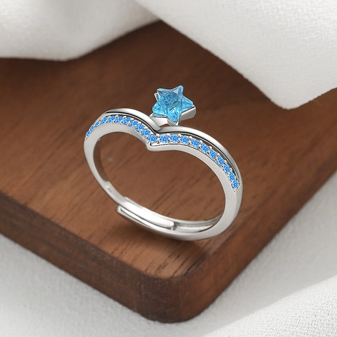 Adjustable Copper Ring With Star Shape Blue Zircon V Shape Band Elegant Fashion Jewelry For Women