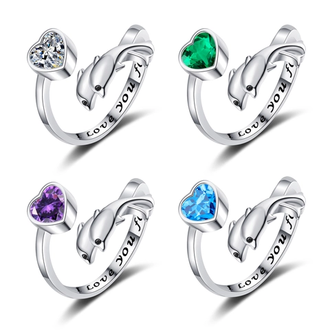 Romantischer Delphin Herz Ring Kupfer Herz Zirkonia Verstellbarer Gravierter Band Schmuck Für Frauen