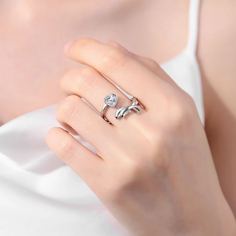 Romantischer Delphin Herz Ring Kupfer Herz Zirkonia Verstellbarer Gravierter Band Schmuck Für Frauen