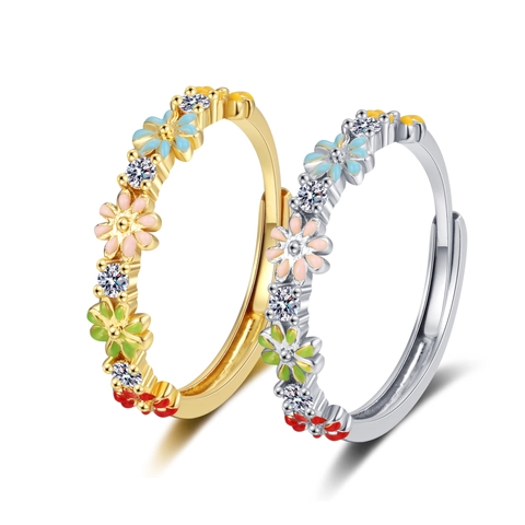 Anillo Abierto Flor Esmalte Cobre Margarita Colorida Micro Incrustada Circón Ajustable Joyas Florales Dulces Mujeres