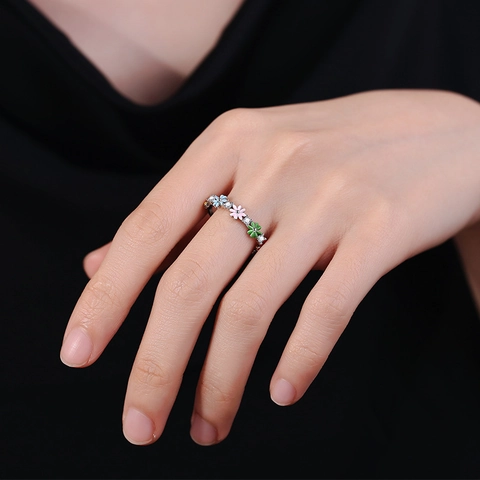 Anillo Abierto Flor Esmalte Cobre Margarita Colorida Micro Incrustada Circón Ajustable Joyas Florales Dulces Mujeres