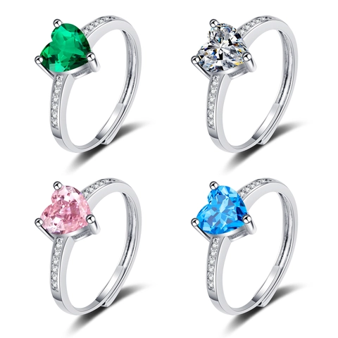 Heart Shaped Zircon Gemstone Adjustable Ring Copper Silver Plated Fashion Engagement Jewelry For Women