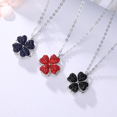 Four Leaf Clover Heart Jewelry Necklace Adjustable Ring Stud Earrings Rotatable Rhinestone Copper Elegant Fashion Women