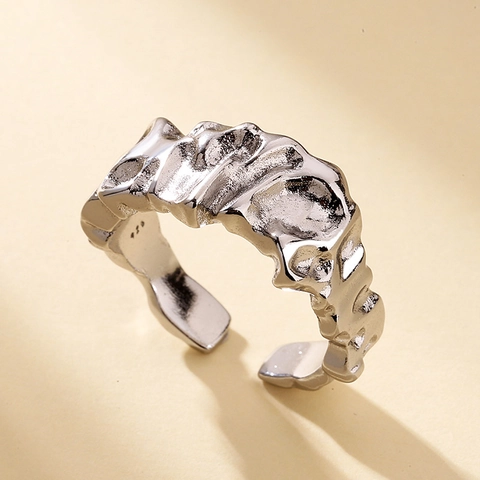 Irregular Lava Texture Adjustable Open Ring Copper Minimalist Hip Hop Style Geometric Wrinkle Jewelry For Women
