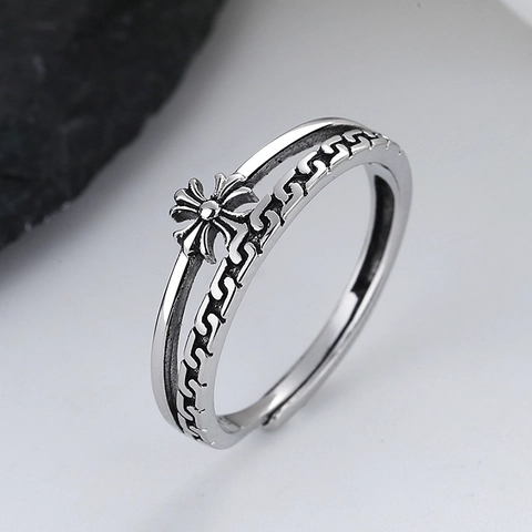 Vintage Zilverkleurige Kruisbloem Verstelbare Open Ring Koper Punk Hip Hop Stijl Sieraden Voor Dames Heren