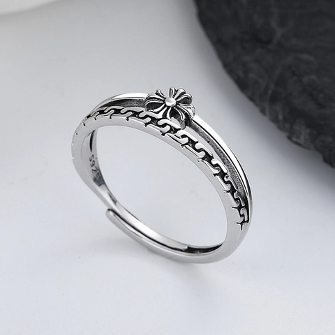 Vintage Zilverkleurige Kruisbloem Verstelbare Open Ring Koper Punk Hip Hop Stijl Sieraden Voor Dames Heren