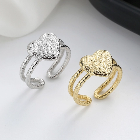 Heart Shape Open Ring Copper Hammered Texture Layered Band Adjustable Finger Jewelry For Women Minimalist Vintage Style