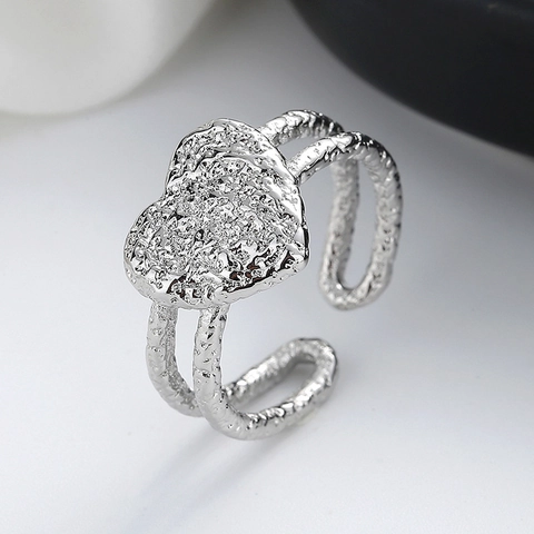 Heart Shape Open Ring Copper Hammered Texture Layered Band Adjustable Finger Jewelry For Women Minimalist Vintage Style