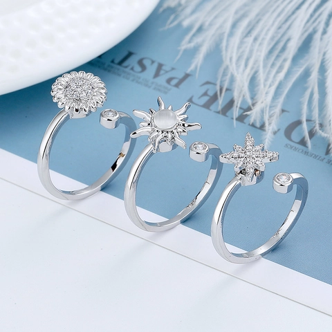 Anillos Fidget Giratorios Cobre Circonita Girasol Estrella Luna Joyería Abierta Ajustable Para Aliviar El Estrés