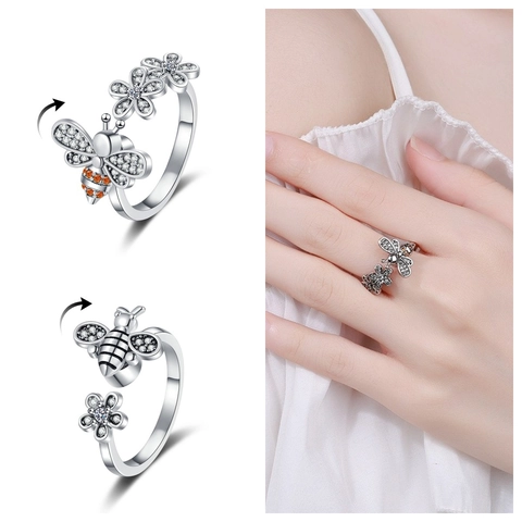 Rotating Bee Daisy Flower Spinner Ring Copper Cubic Zirconia Adjustable Fidget Stress Relief Fashion Jewelry For Women