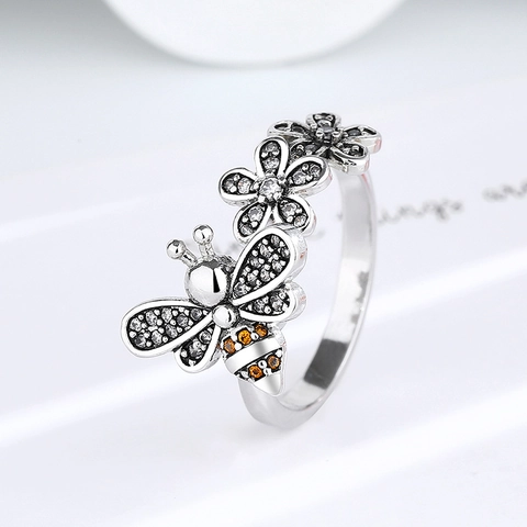 Rotating Bee Daisy Flower Spinner Ring Copper Cubic Zirconia Adjustable Fidget Stress Relief Fashion Jewelry For Women