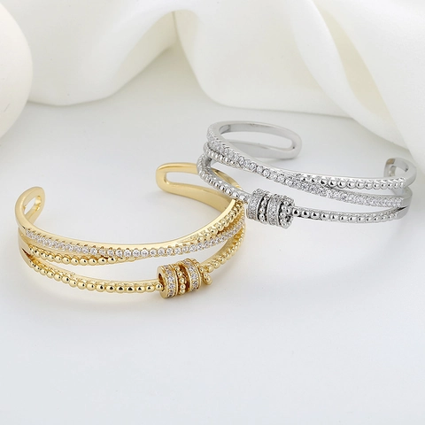 Mehrlagiges Kupfer Manschettenarmband Mit Rotierenden Perlen Zirkonia Offener Armreif Für Damen Eleganter Modeschmuck