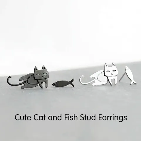 Süße Asymmetrische Katze Und Fisch Ohrstecker Mit 925 Sterling Silber Ohrstift Kupfer Minimalistischer Schmuck Für Damen